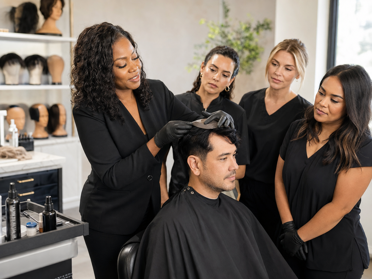 A Black beauty instructor demonstrates a hair replacement technique for a diverse professional class